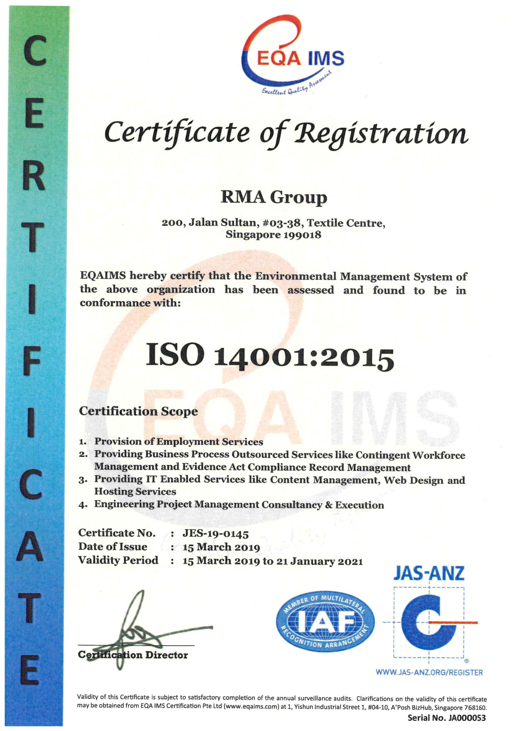 ISO 14001:2015 Certificate for Environmental Management System.